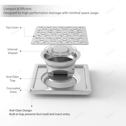 InArt Matrix Exclusive 5x5 Inch Square Floor Drain Jali | 304-Grade Stainless Steel Bathroom Drainer with Anti-Cockroach Trap, Collar & Cover | Silver - 5 Year Warranty - Image 4