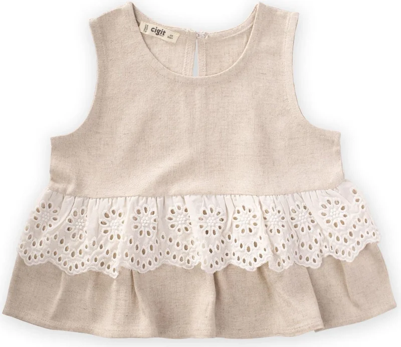 Cigit Cigit Waist Tambur Lace Linen Blouse 2-7 Years Natural