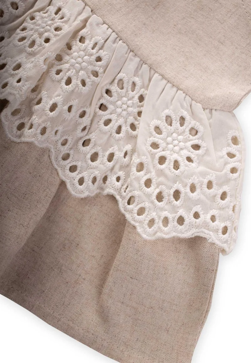 Cigit Cigit Waist Tambur Lace Linen Blouse 2-7 Years Natural