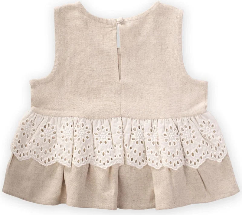 Cigit Cigit Waist Tambur Lace Linen Blouse 2-7 Years Natural