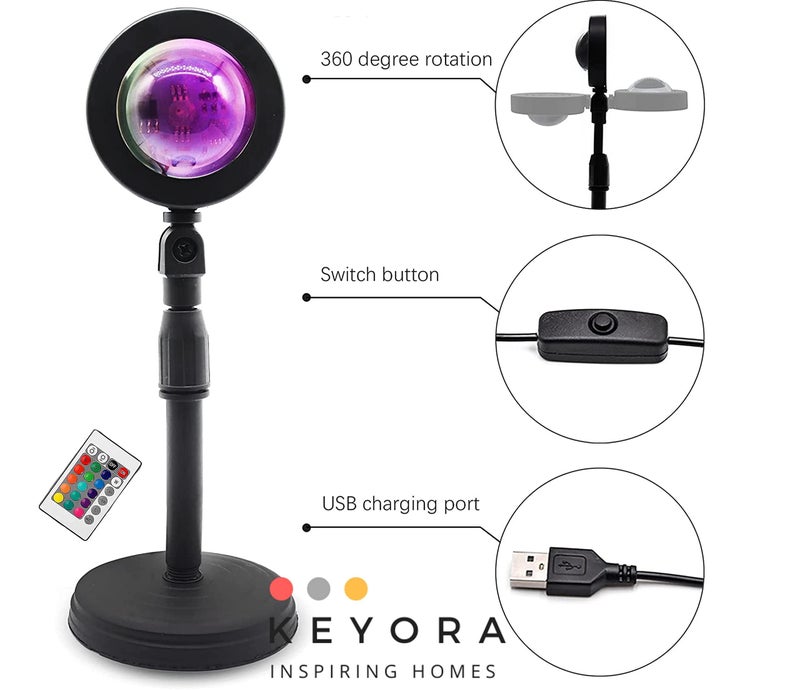 KEYORA Sunset Lamp Projector 16 Color LED Light Desk Lamp Rainbow Night Light 360° Rotation Romantic Mood Sunlight for Bedroom, Party, Photography with Remote - Image 4