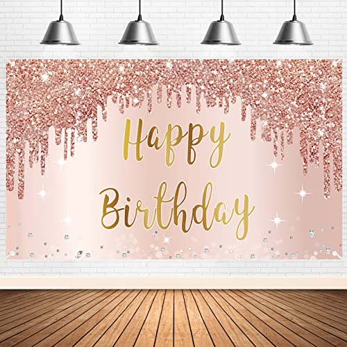Bumqviy Rose Gold Happy Birthday Banner & Backdrop Decorations for Girls & Women, Pink Theme Party Sign Supplies, Large 16th-50th Birthday Poster Background Photo Booth Props - Image 1