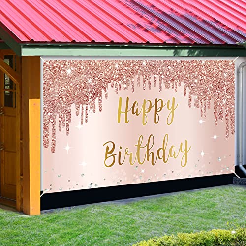 Bumqviy Rose Gold Happy Birthday Banner & Backdrop Decorations for Girls & Women, Pink Theme Party Sign Supplies, Large 16th-50th Birthday Poster Background Photo Booth Props - Image 3