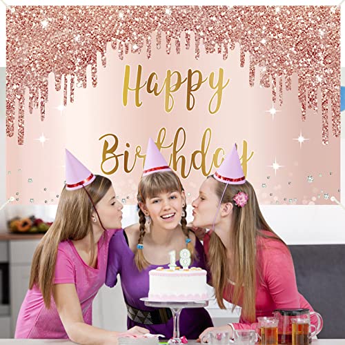Bumqviy Rose Gold Happy Birthday Banner & Backdrop Decorations for Girls & Women, Pink Theme Party Sign Supplies, Large 16th-50th Birthday Poster Background Photo Booth Props - Image 5