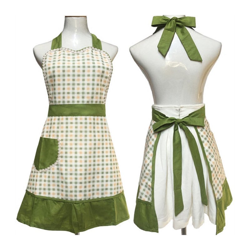 Love Potato Cute Lovely Unique Design Women Girls Ladies Retro Apron with Chic Pocket for Cooking Kitchen, Green - Image 2