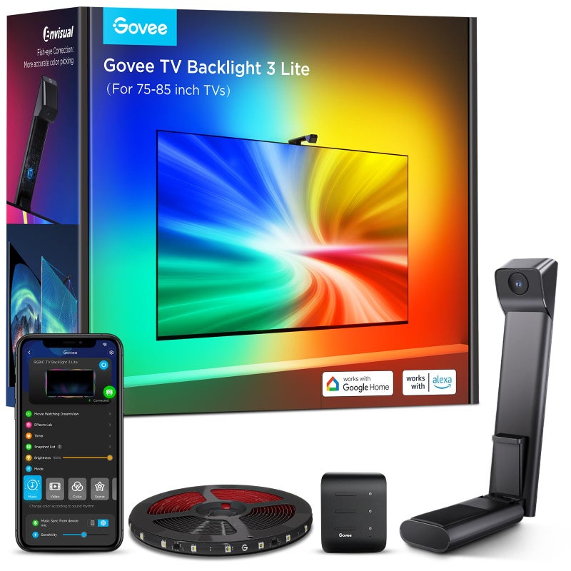 Govee Govee TV Backlight 3 Lite with Fish-Eye Correction Function Sync to 75-85 Inch TVs, 16.4ft RGBICW Wi-Fi LED Strip Lights with Camera, 4 Colors in 1 Lamp Bead, Voice and APP Control, Adapter  - Image 1