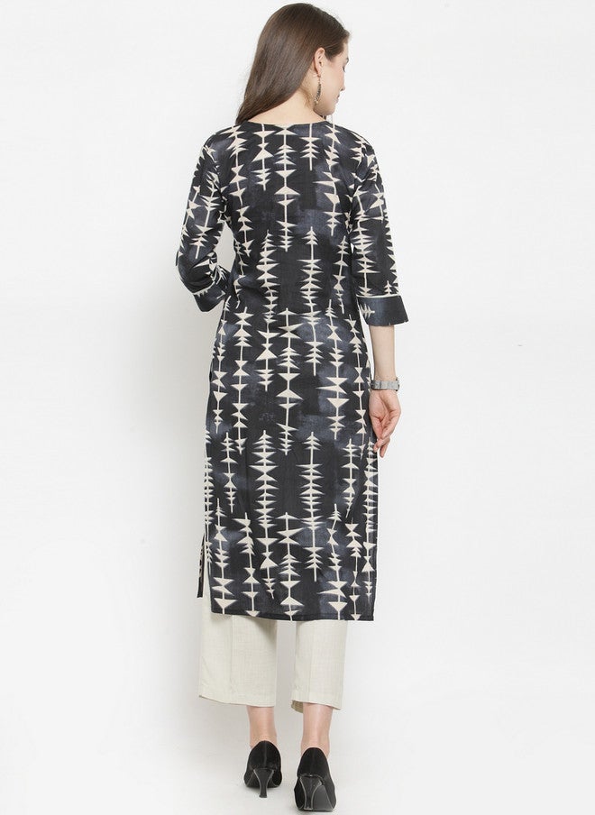 Indibelle Women Black Printed Straight Kurta with V-Neck and Three-Quarter Sleeves - Image 4