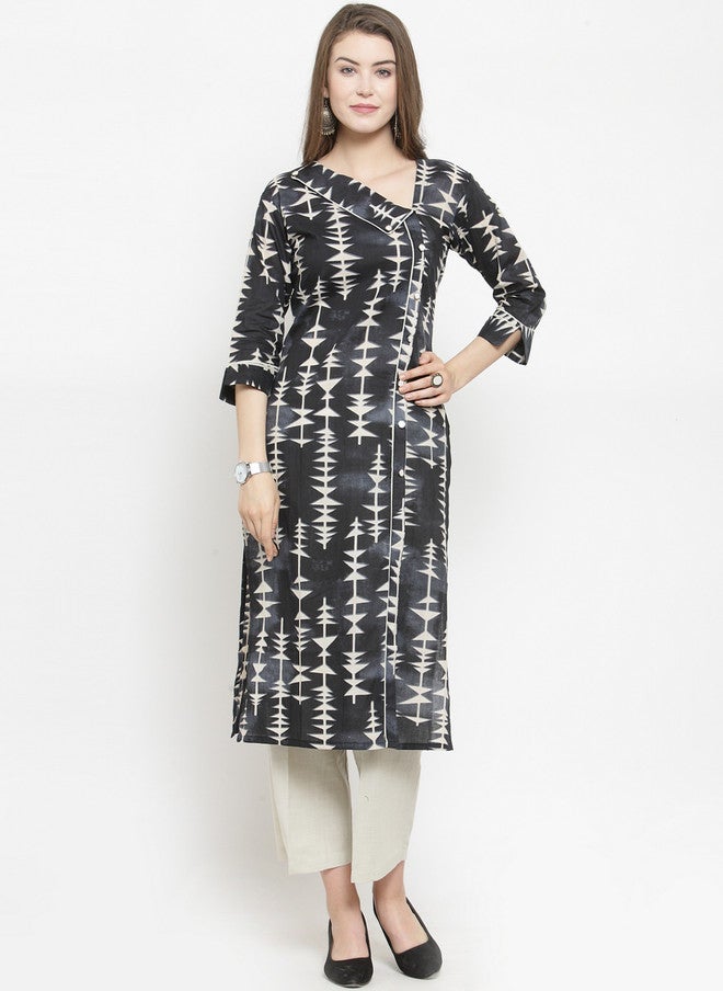 Indibelle Women Black Printed Straight Kurta with V-Neck and Three-Quarter Sleeves - Image 5