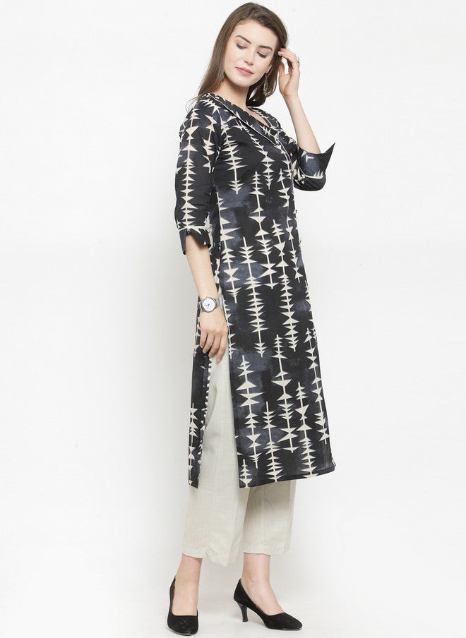 Indibelle Women Black Printed Straight Kurta with V-Neck and Three-Quarter Sleeves - Image 1