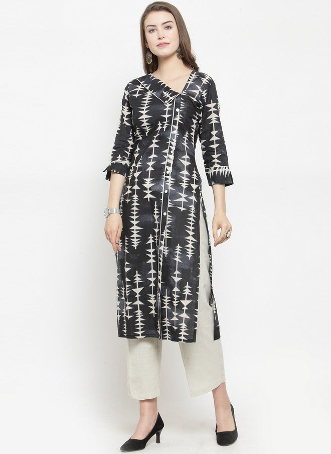 Indibelle Women Black Printed Straight Kurta with V-Neck and Three-Quarter Sleeves - Image 3