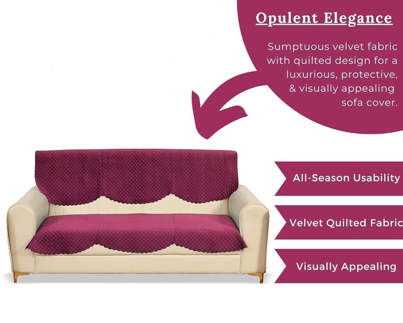Castiqa Velvet Fabric Quilted Design Sofa Covers Set, Seat and Back Cover (Wine, 5 Seater) - Image 3