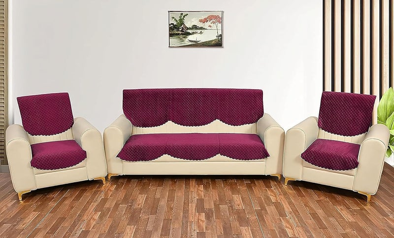 Castiqa Velvet Fabric Quilted Design Sofa Covers Set, Seat and Back Cover (Wine, 5 Seater) - Image 1