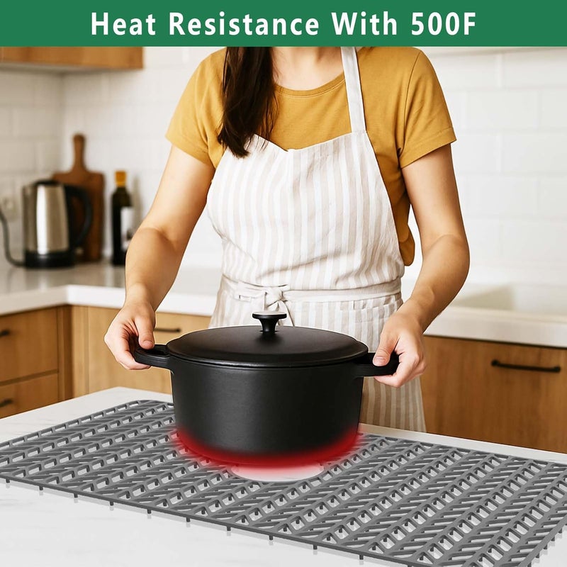 GUUKIN Sink Protectors for Kitchen Mat - 30"x 16" Silicone Kitchen Sink Mat Grid for Bottom of Farmhouse Stainless Steel Porcelain with Center Drain（Grey） - Image 3