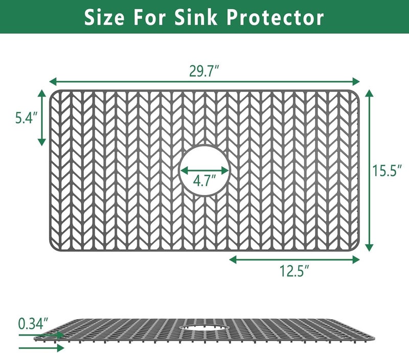 GUUKIN Sink Protectors for Kitchen Mat - 30"x 16" Silicone Kitchen Sink Mat Grid for Bottom of Farmhouse Stainless Steel Porcelain with Center Drain（Grey） - Image 2