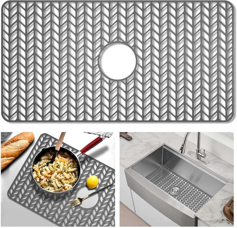 GUUKIN Sink Protectors for Kitchen Mat - 30"x 16" Silicone Kitchen Sink Mat Grid for Bottom of Farmhouse Stainless Steel Porcelain with Center Drain（Grey） - Image 1