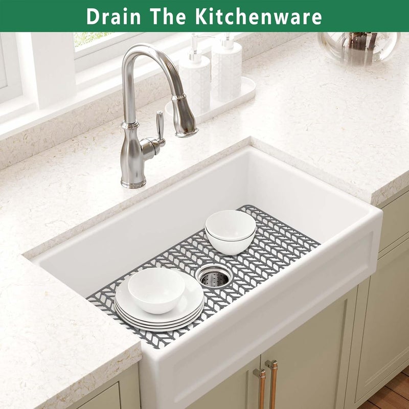 GUUKIN Sink Protectors for Kitchen Mat - 30"x 16" Silicone Kitchen Sink Mat Grid for Bottom of Farmhouse Stainless Steel Porcelain with Center Drain（Grey） - Image 5
