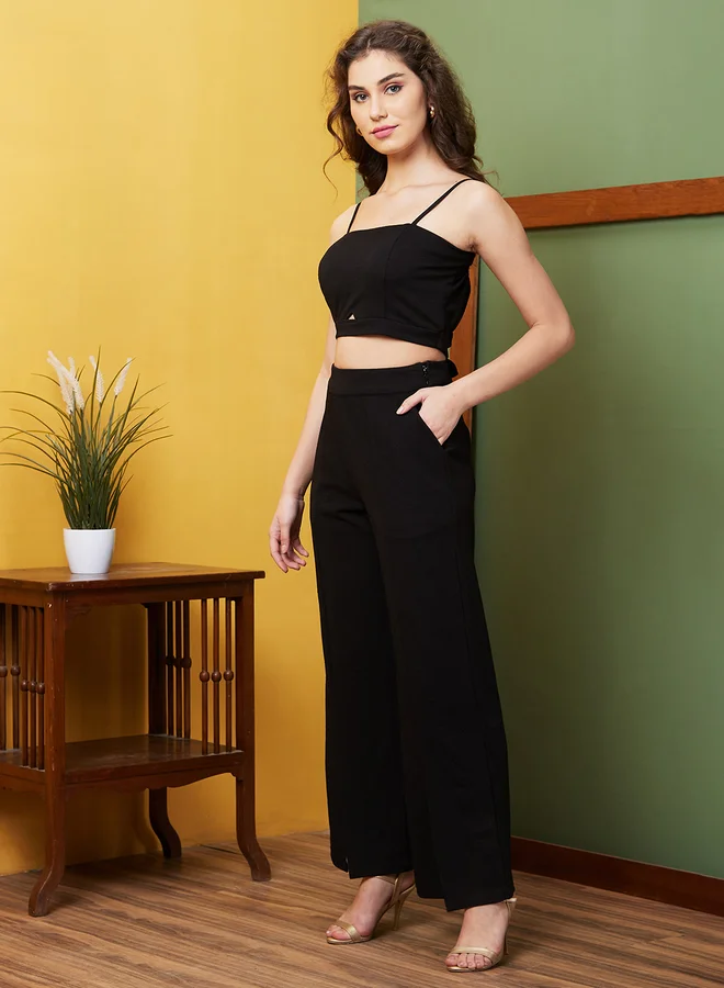 جلو باص Globus Women Black Textured Strappy Crop Top and Pants Co-Ords