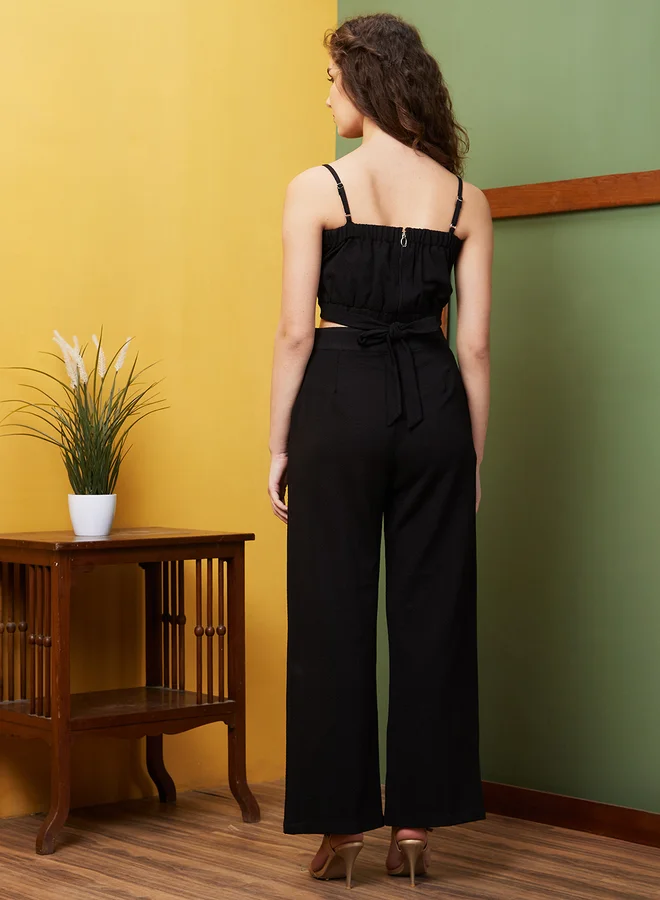 globus Globus Women Black Textured Strappy Crop Top and Pants Co-Ords