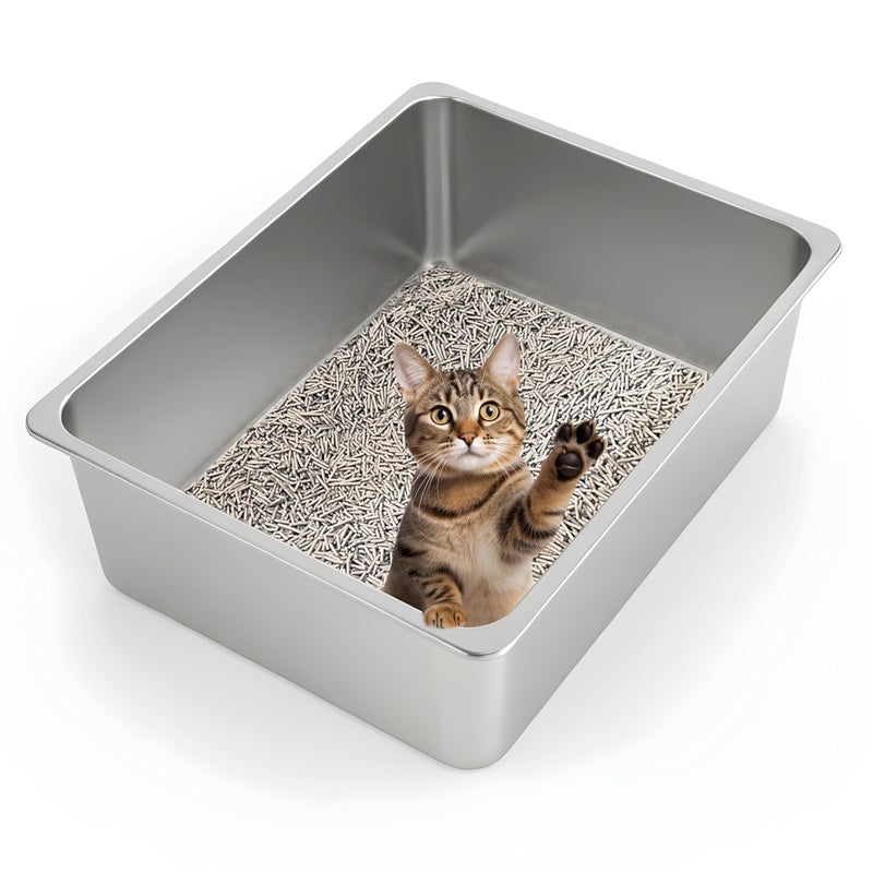 Kirecoo Stainless Steel Cat Litter Box XL- Metal High Sided Cat Pan, Large Stainless Steel Box, Indoor Litter Tray, Non Stick, No Smell, Easy to Clean, Pet Toilet Supplies for Kitten, Kitty, Rabbit - Image 1
