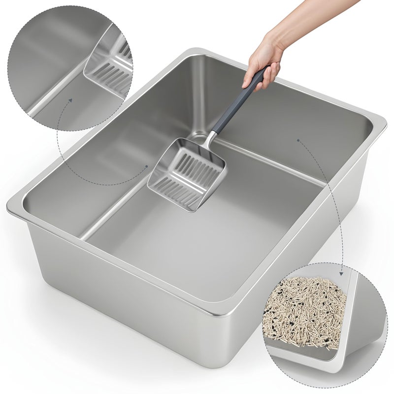 Kirecoo Stainless Steel Cat Litter Box XL- Metal High Sided Cat Pan, Large Stainless Steel Box, Indoor Litter Tray, Non Stick, No Smell, Easy to Clean, Pet Toilet Supplies for Kitten, Kitty, Rabbit - Image 3