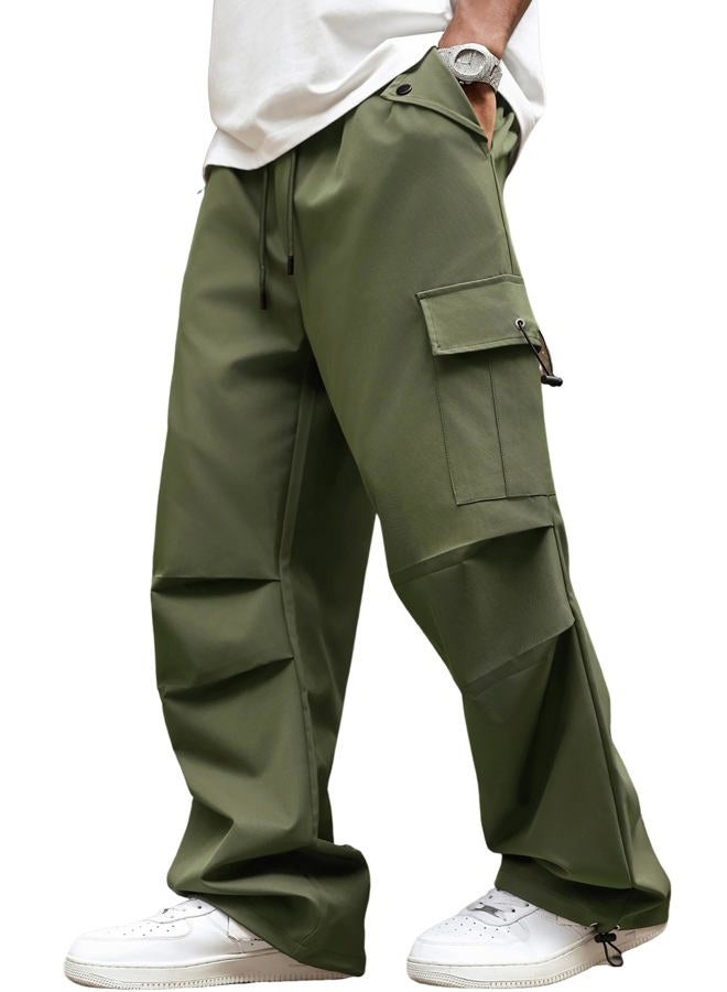 ZAFUL Baggy Cargo Pants for Men Casual Stretch Elastic Drawstring Parachute Pants Loose Fit Joggers with Multi Pockets, Amy Green, L - Image 1