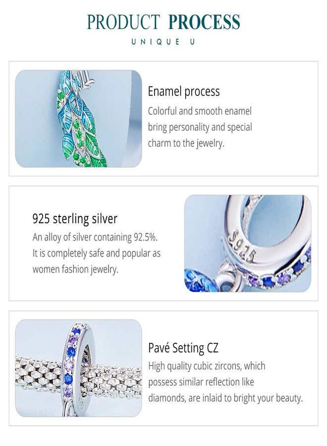 Qings Lucky Peacock Charm Bead 925 Sterling Silver Sparkling Cute Animal Element Dangle Pendant for Bracelet Necklace Making - Image 4