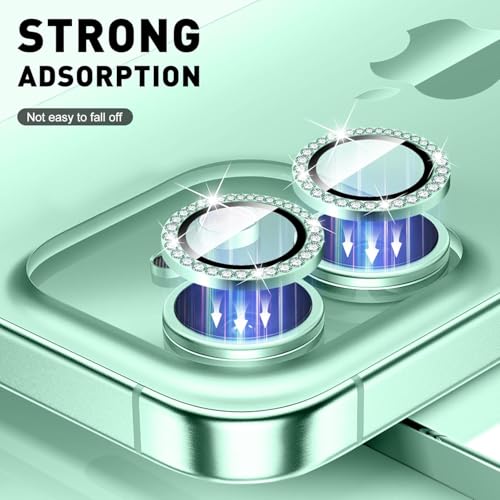 KEKOZE Diamond Camera Lens Protector Compatible With iPhone 15 and iPhone 15 Plus 9H Tempered Glass Camera Cover Screen Protector Metal Ring Decoration Accessories - Light Green - Image 2