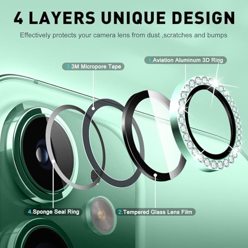 KEKOZE Diamond Camera Lens Protector Compatible With iPhone 15 and iPhone 15 Plus 9H Tempered Glass Camera Cover Screen Protector Metal Ring Decoration Accessories - Light Green - Image 4