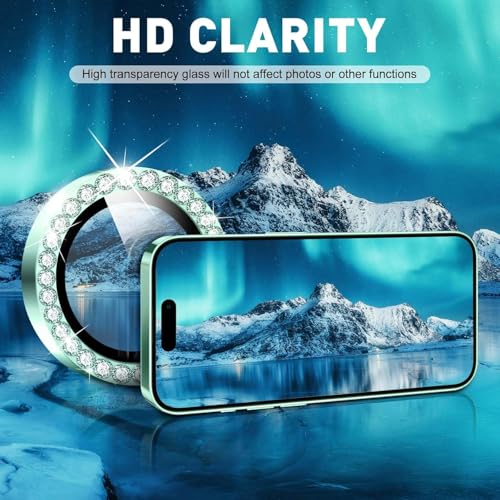 KEKOZE Diamond Camera Lens Protector Compatible With iPhone 15 and iPhone 15 Plus 9H Tempered Glass Camera Cover Screen Protector Metal Ring Decoration Accessories - Light Green - Image 5