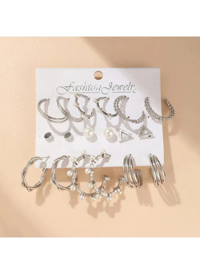 Osluxe Silver Plated Contemporary Hoop Earrings Set for Women – Anti-Tarnish, Waterproof | Pack of 9 (OSL108) - Image 5