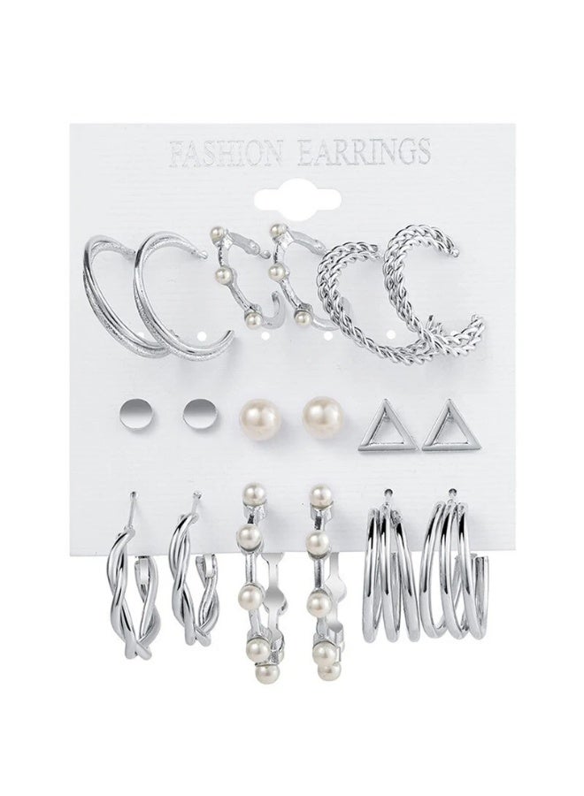 Osluxe Silver Plated Contemporary Hoop Earrings Set for Women – Anti-Tarnish, Waterproof | Pack of 9 (OSL108) - Image 4