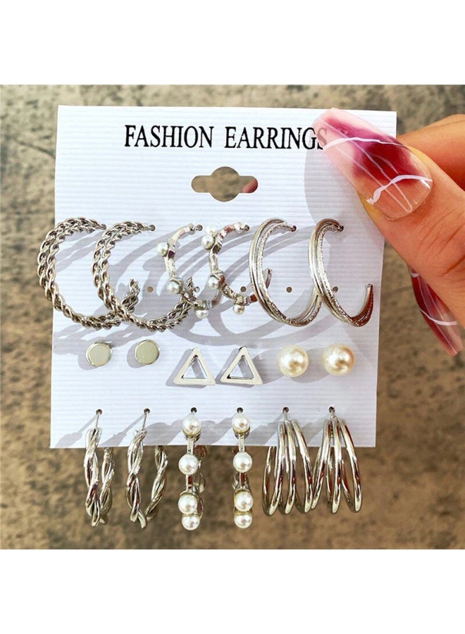 Osluxe Silver Plated Contemporary Hoop Earrings Set for Women – Anti-Tarnish, Waterproof | Pack of 9 (OSL108) - Image 2