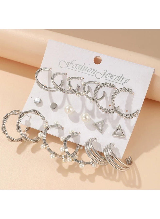 Osluxe Silver Plated Contemporary Hoop Earrings Set for Women – Anti-Tarnish, Waterproof | Pack of 9 (OSL108) - Image 1