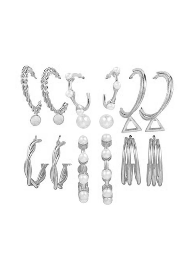 Osluxe Silver Plated Contemporary Hoop Earrings Set for Women – Anti-Tarnish, Waterproof | Pack of 9 (OSL108) - Image 3