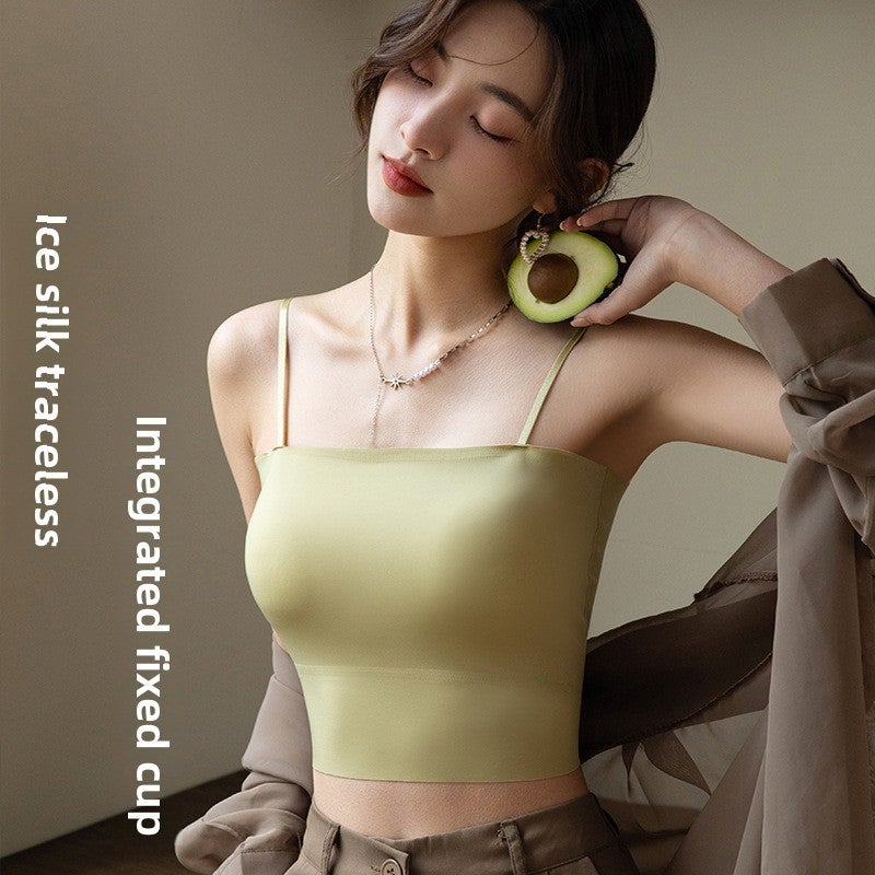 Generic Summer Traceless One-piece Navel Exits Sling Vest Belt Chest Pad Sports Strapless Air Fixed Cup Beautiful Back Underwear for Women Black - Image 4