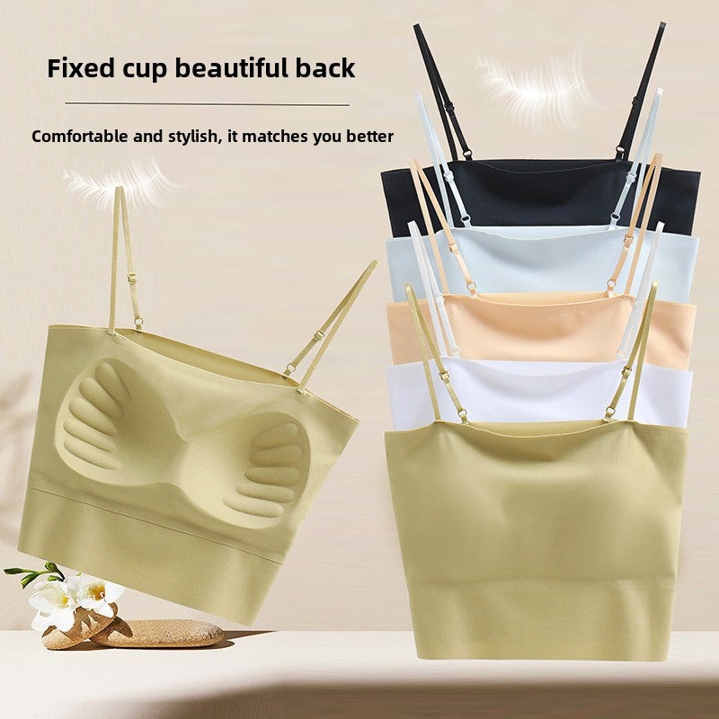 Generic Summer Traceless One-piece Navel Exits Sling Vest Belt Chest Pad Sports Strapless Air Fixed Cup Beautiful Back Underwear for Women Black - Image 5