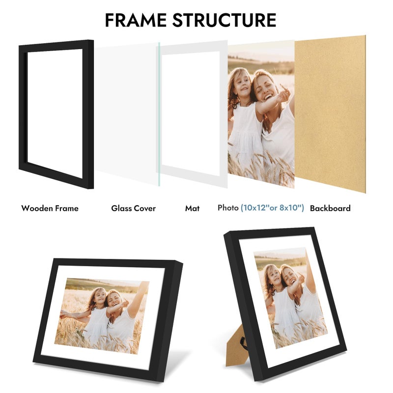 Hongkee 10x12 Picture Frame with Glass, Display Pictures 8x10 with Mat or 10 x 12 without Mat - Wall and Tabletop, 10 by 12 Photo Wooden Frames (Black, 1 Pack) - Image 5