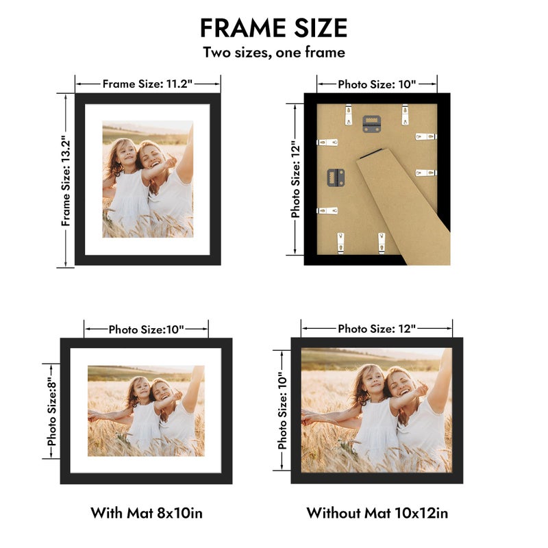 Hongkee 10x12 Picture Frame with Glass, Display Pictures 8x10 with Mat or 10 x 12 without Mat - Wall and Tabletop, 10 by 12 Photo Wooden Frames (Black, 1 Pack) - Image 3