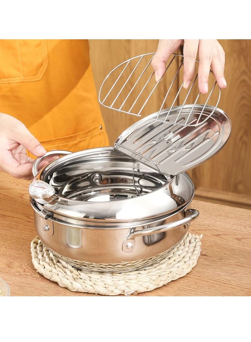 Deep stainless steel frying pan with draining grid and thermometer for precise temperature control. - Image 1