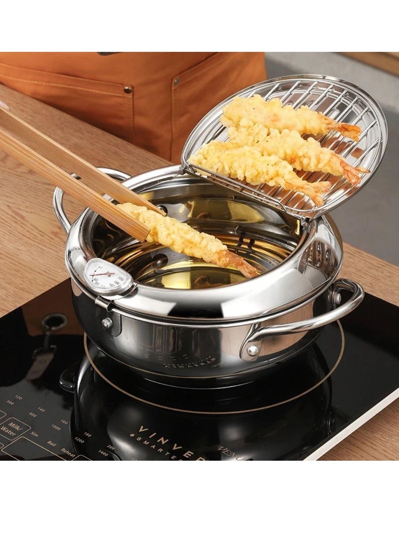 Deep stainless steel frying pan with draining grid and thermometer for precise temperature control. - Image 2