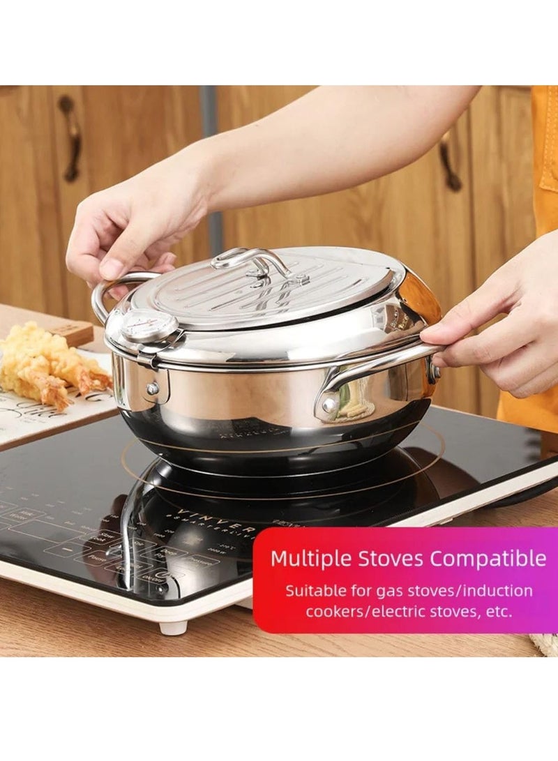 Deep stainless steel frying pan with draining grid and thermometer for precise temperature control. - Image 3