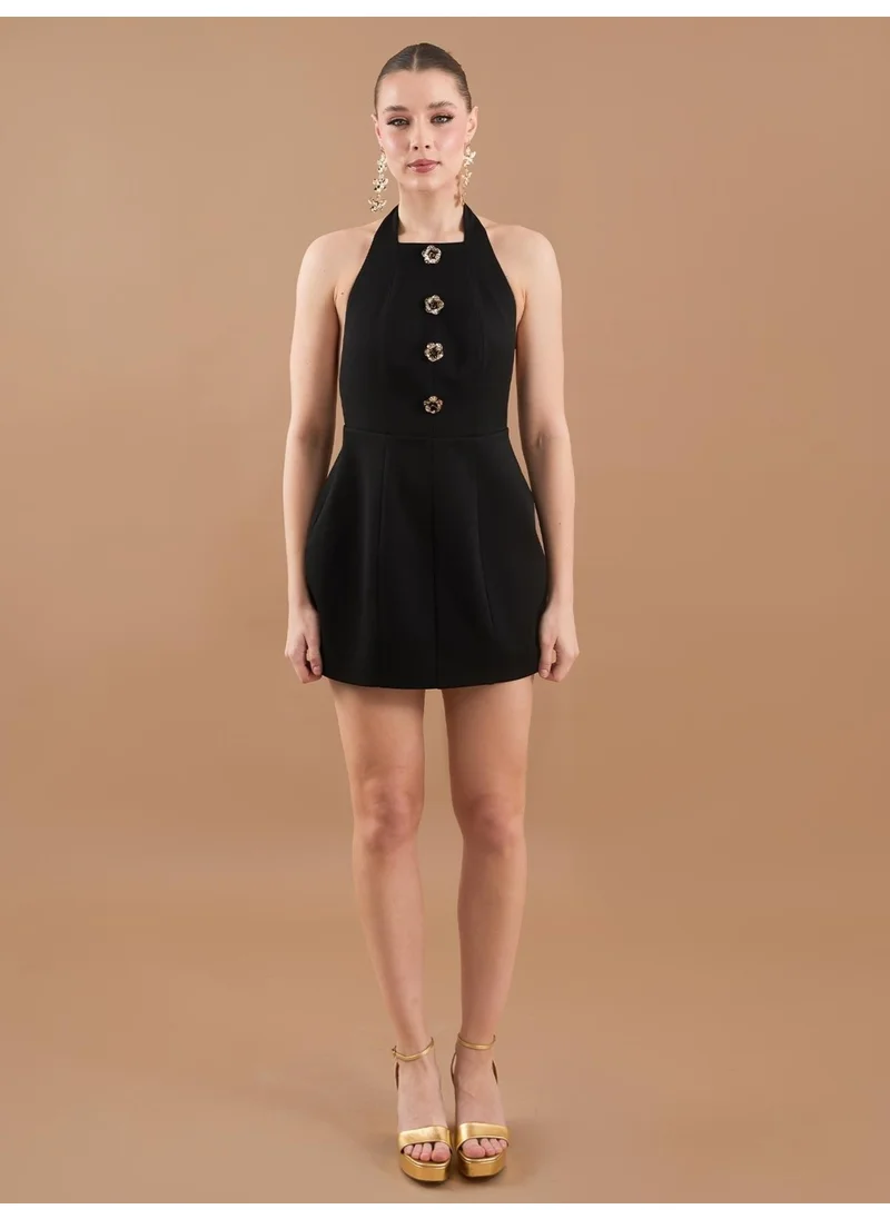 Juste Flower Button Detail Halter Neck Mini Dress Black