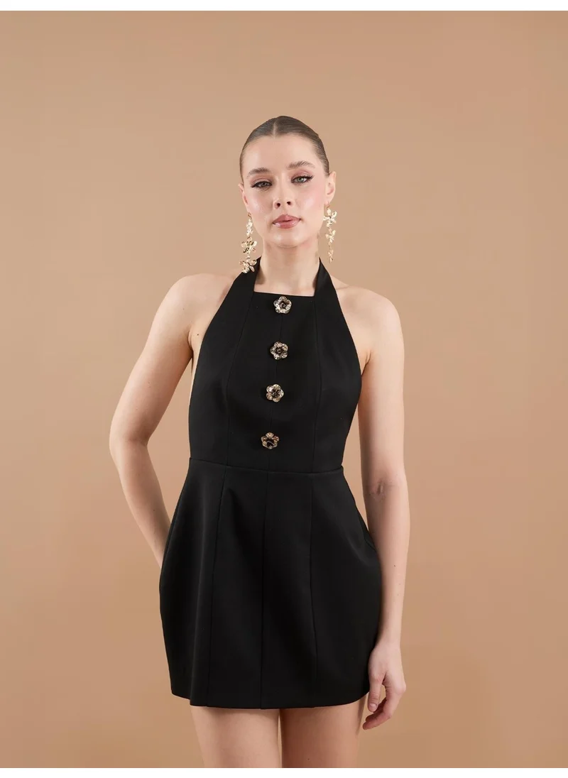 Juste Flower Button Detail Halter Neck Mini Dress Black