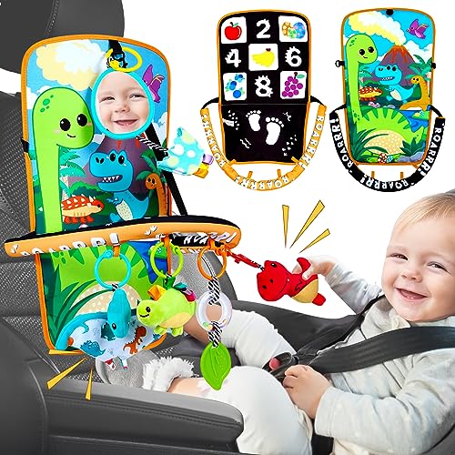 Innofans Baby Car Seat Dinosaurs Toys Kick and Play Double Sided Infant Car Seat Toys with Plush Toys Mirror Teether for Baby Babys Travel Activities Christmas Birthday Gifts Newborn Infant Toys - Image 1