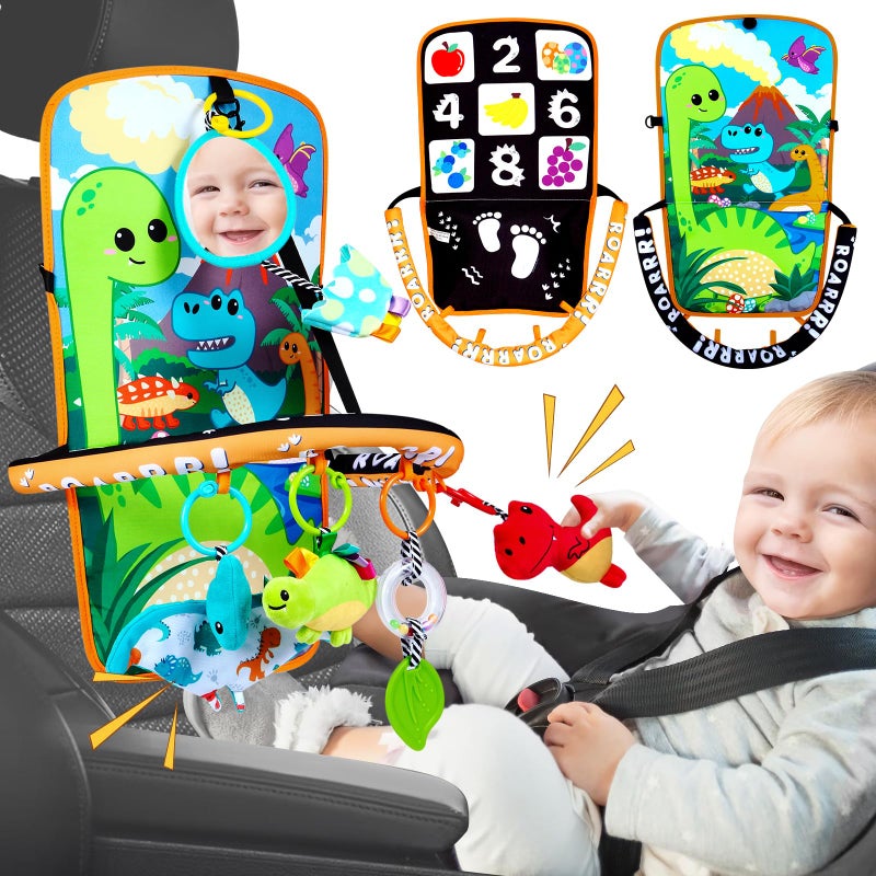 Innofans Baby Car Seat Dinosaurs Toys Kick and Play Double Sided Infant Car Seat Toys with Plush Toys Mirror Teether for Baby Babys Travel Activities Christmas Birthday Gifts Newborn Infant Toys - Image 4