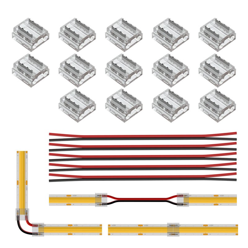 BTFLIGHTING FCOB COB 8mm 031in Connector Kit 14pcs Transparent Connector 5pcs 15cm Long 20AWG Extension Wires for NonWired Gapless SolderlessFCOB 2 pin v v Single Color Strip Corner Connection