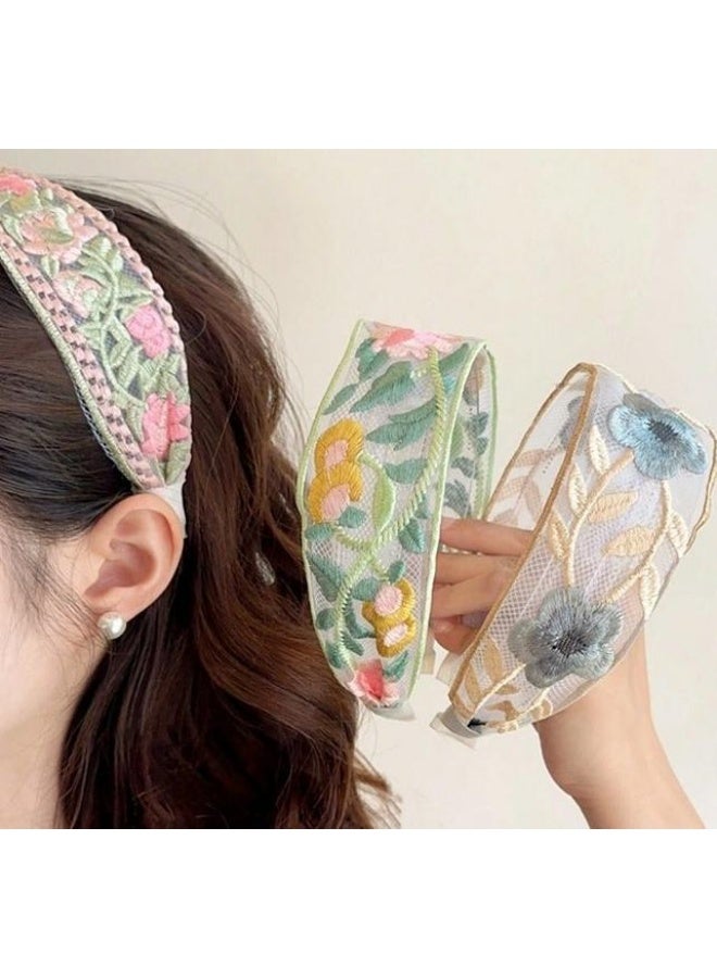 3-Piece Floral Headband, Garden Headband, Embroidery Wide Hair Band, Vintage Flower Headbands, Lightweight, Sweet Hairbands Hair Accessories - Image 1