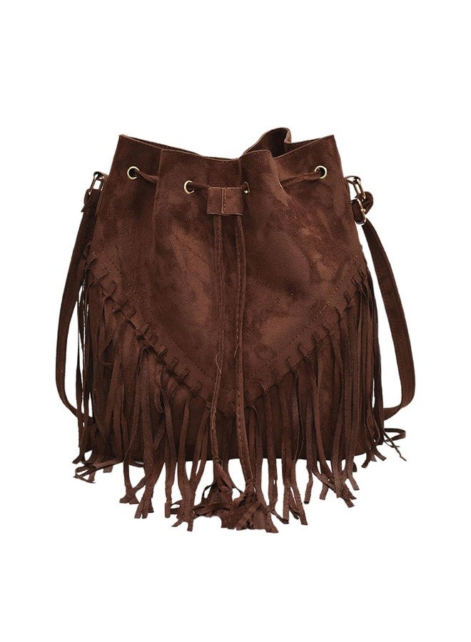 MakeMeChic Women's Fringe Single Strap Shoulder Handbags Suede Drawstring Crossbody Bag Brown One Size - Image 1