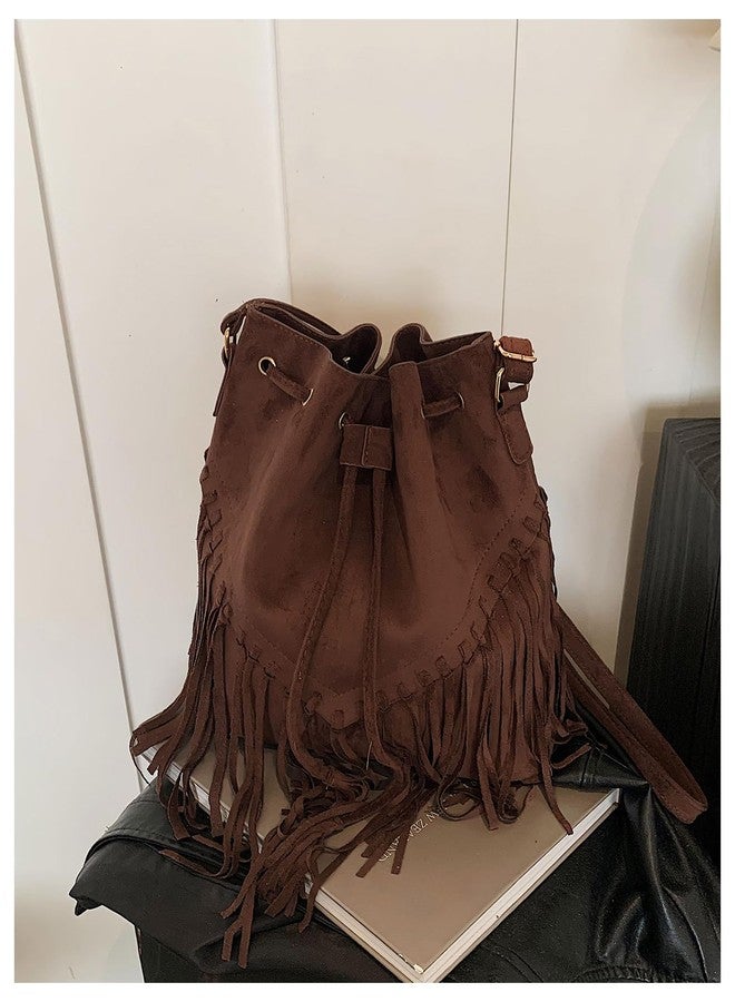 MakeMeChic Women's Fringe Single Strap Shoulder Handbags Suede Drawstring Crossbody Bag Brown One Size - Image 5