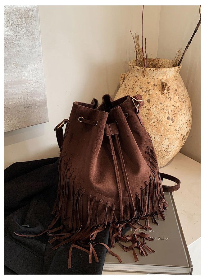 MakeMeChic Women's Fringe Single Strap Shoulder Handbags Suede Drawstring Crossbody Bag Brown One Size - Image 4